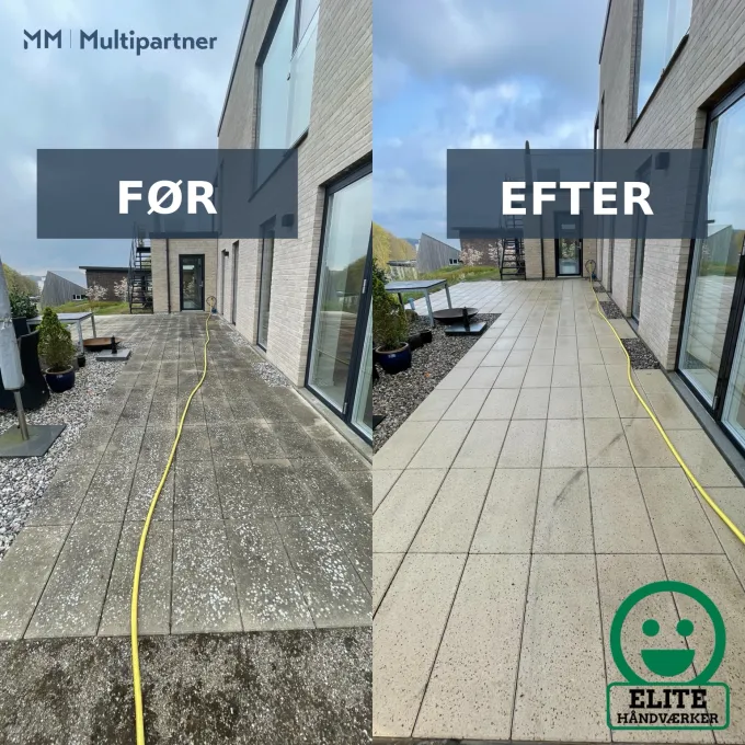 Fliserens før og efter – terrasse med fliser renset af MM Multipartner